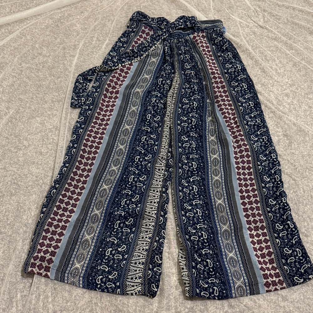 Patterned Wide-Leg Pants with Tie Waist